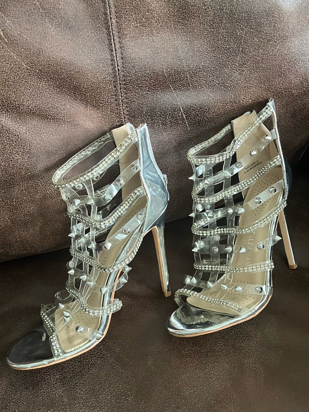 Clear Studded High Heel Sandals - Silver